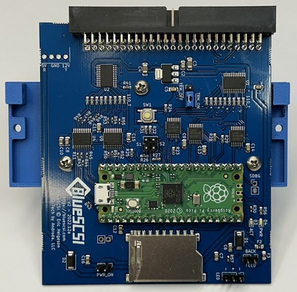 Front view of BlueSCSI version 2 mounted to a 3D printed bracket.